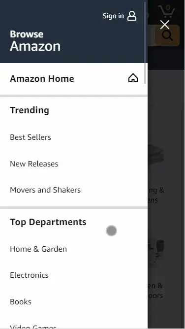 Amazon 从左侧展开的汉堡菜单