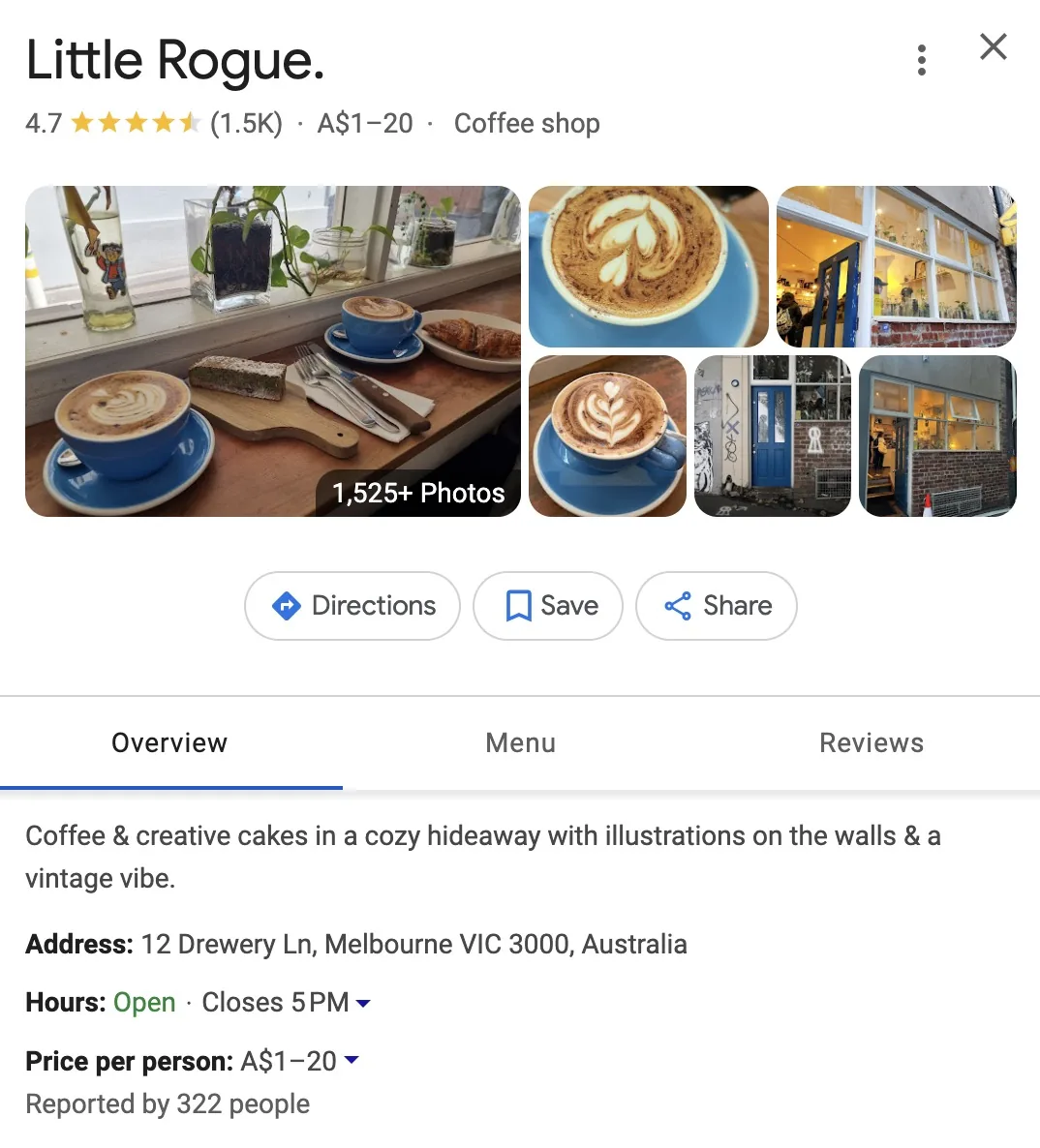 一家咖啡馆的 Google Business Profile,包含地址、营业时间、价格、菜单、照片、评论等。