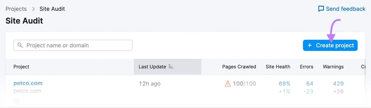 Site Audit 下高亮显示的“+ 创建项目”按钮