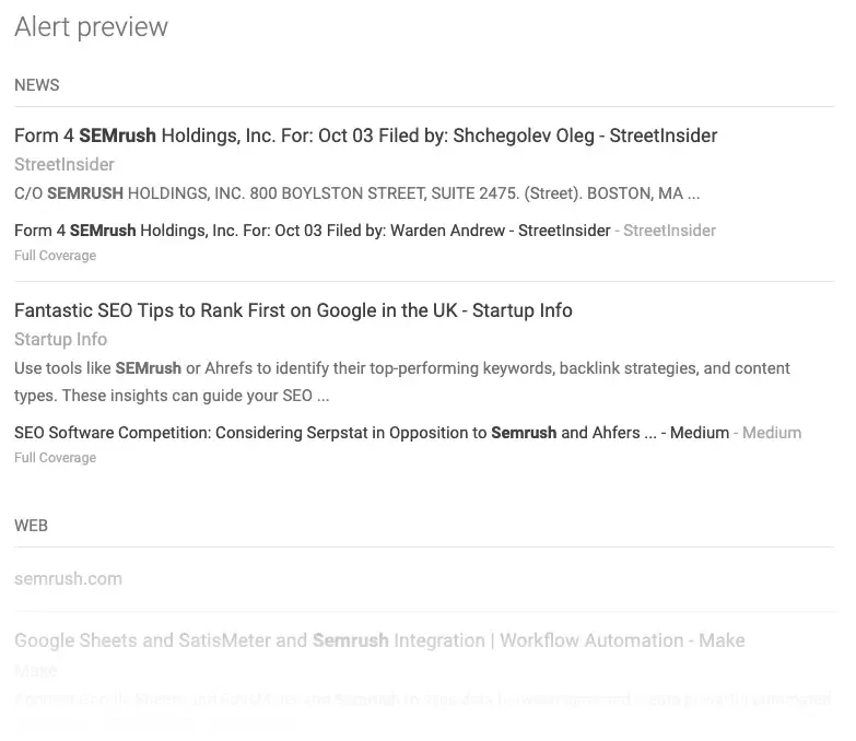 Google Alerts 的“Alert preview”部分