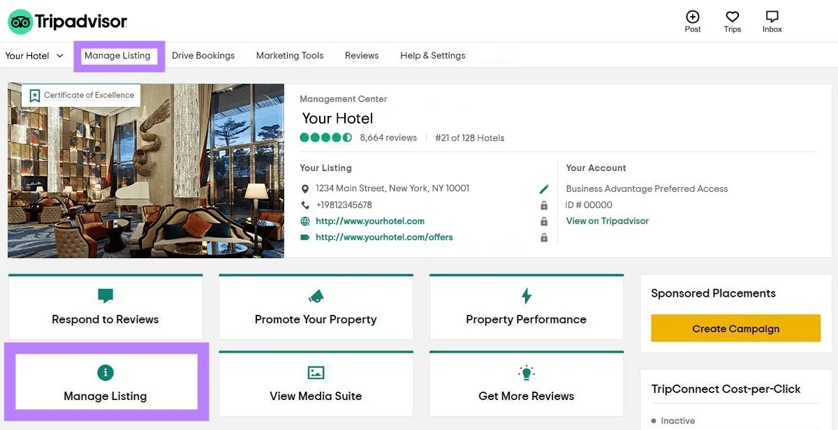 Tripadvisor 上的 Management Centre,突出显示“Manage Listing”标签页和按钮。