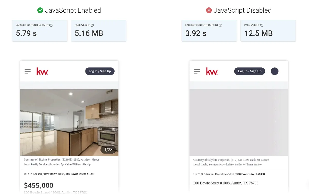 并排的移动端视图,对比启用和禁用 JavaScript 时的页面加载时间和大小。