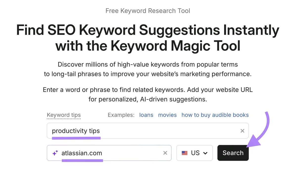 Keyword Magic Tool 起始界面，已输入种子词和域名，并点击“Search”。