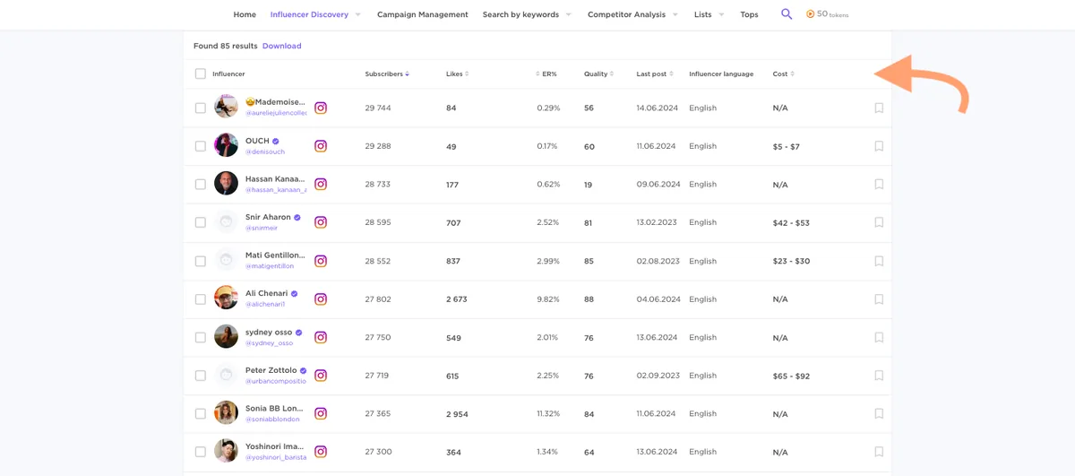 Influencer Analytics 应用内目录工具的一组筛选结果。