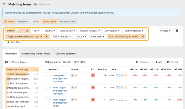 在 Keywords Explorer 中使用筛选条件。