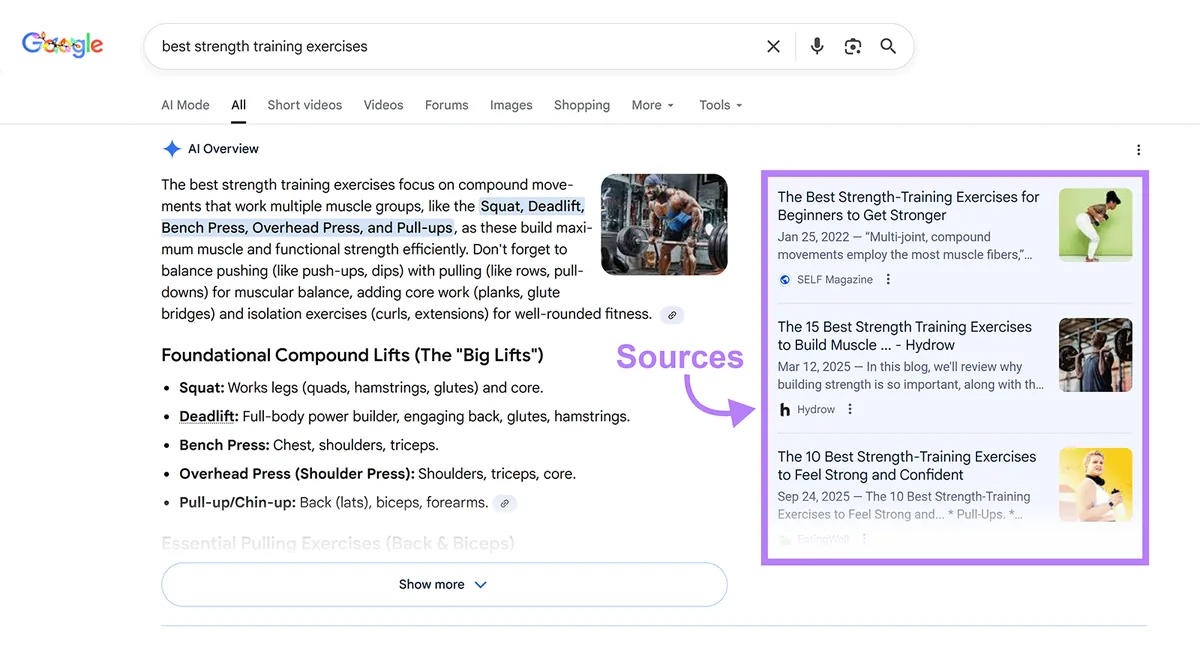 Google 搜索结果,概述最佳力量训练动作的 AI 概览和来源文章组件已高亮显示。