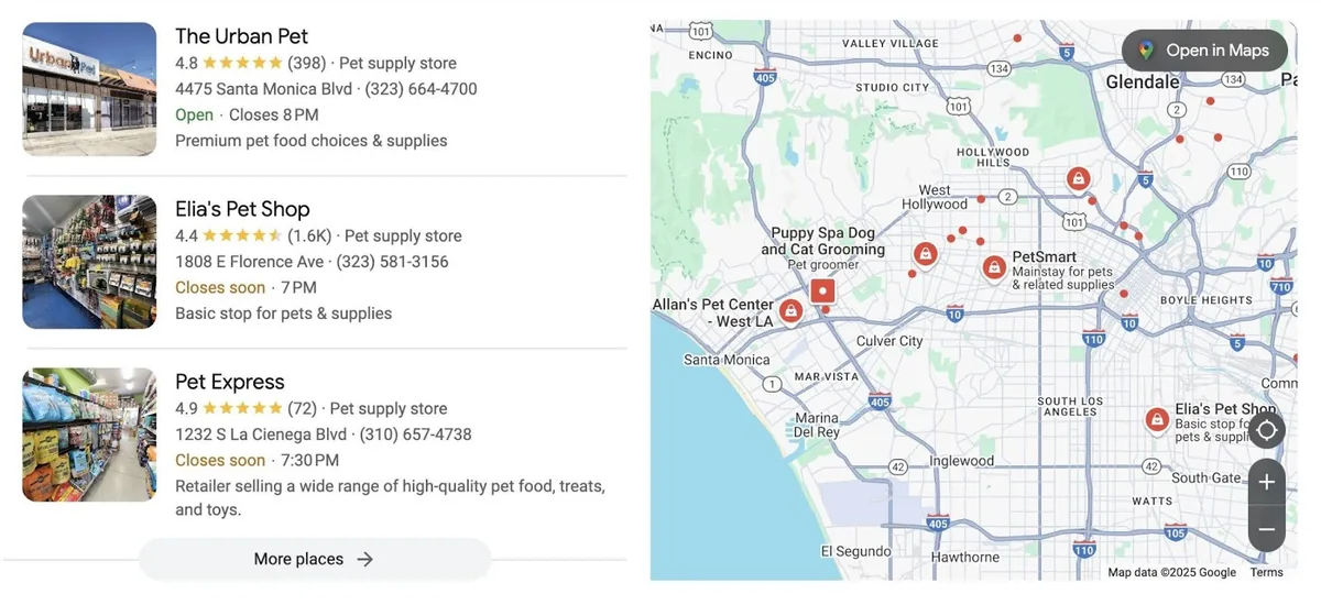 Google 本地包,左侧显示本地结果的列表视图,右侧显示地图视图。