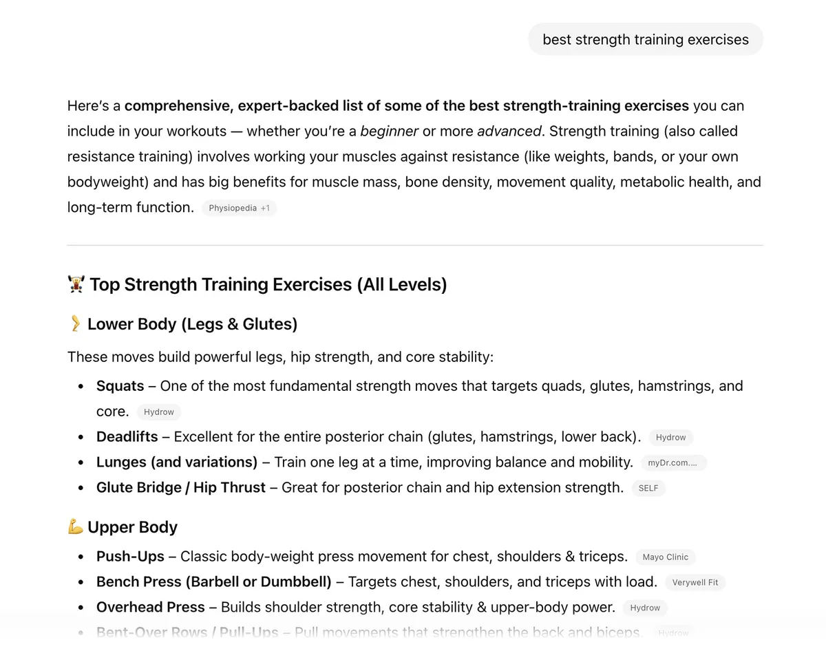 ChatGPT 对“best strength training exercises”的回答,含下半身和上半身动作列表的标题。