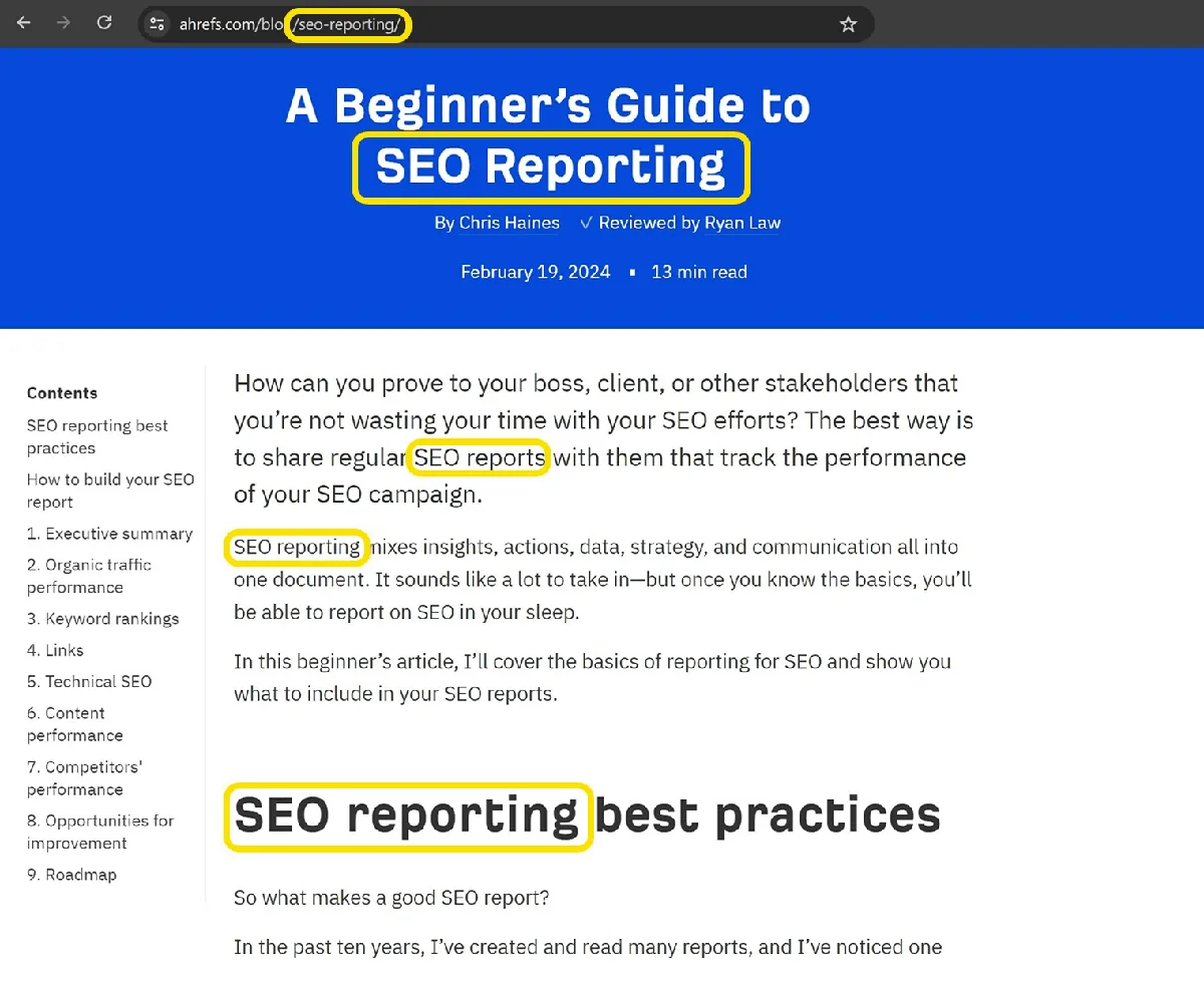 Ahrefs SEO 报告工具，展示目标关键词在标题、URL 和内容中的位置