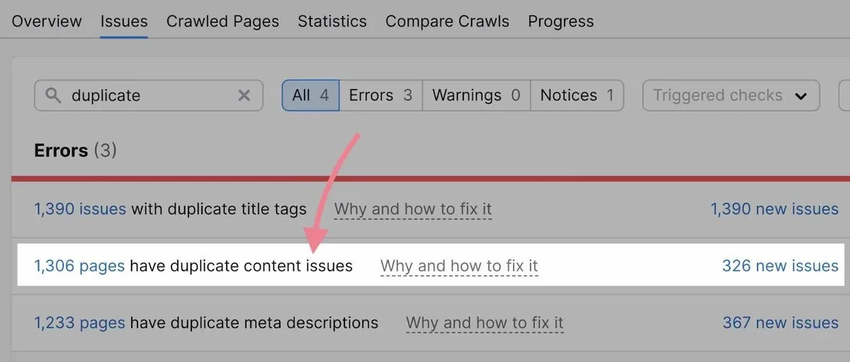Site Audit 错误中“duplicate content issues”被突出显示并点击