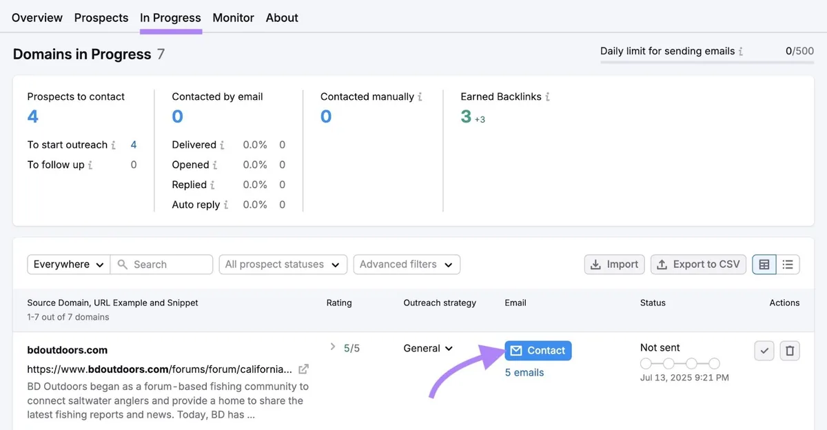 Link Building Tool 上的“进行中”标签页,点击了潜在客户旁边的“联系”。