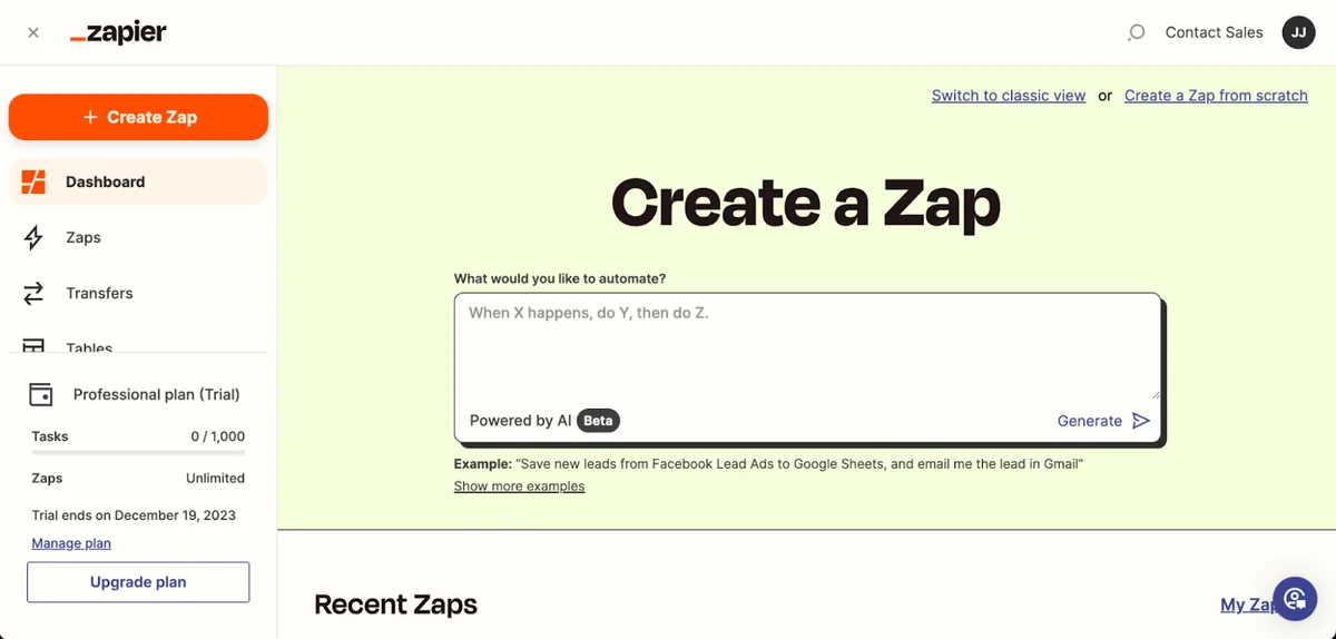 仪表盘中的 Zapier“创建 Zap”页面