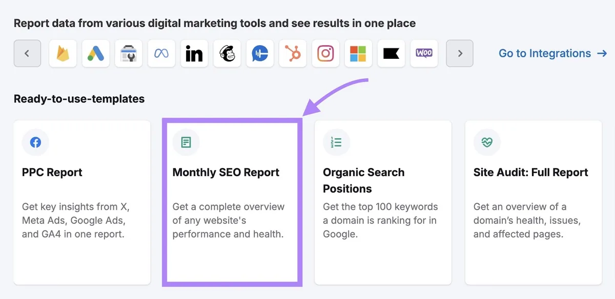 Semrush 的 My Reports 首页,已在即用模板下选中“Monthly SEO Report”。