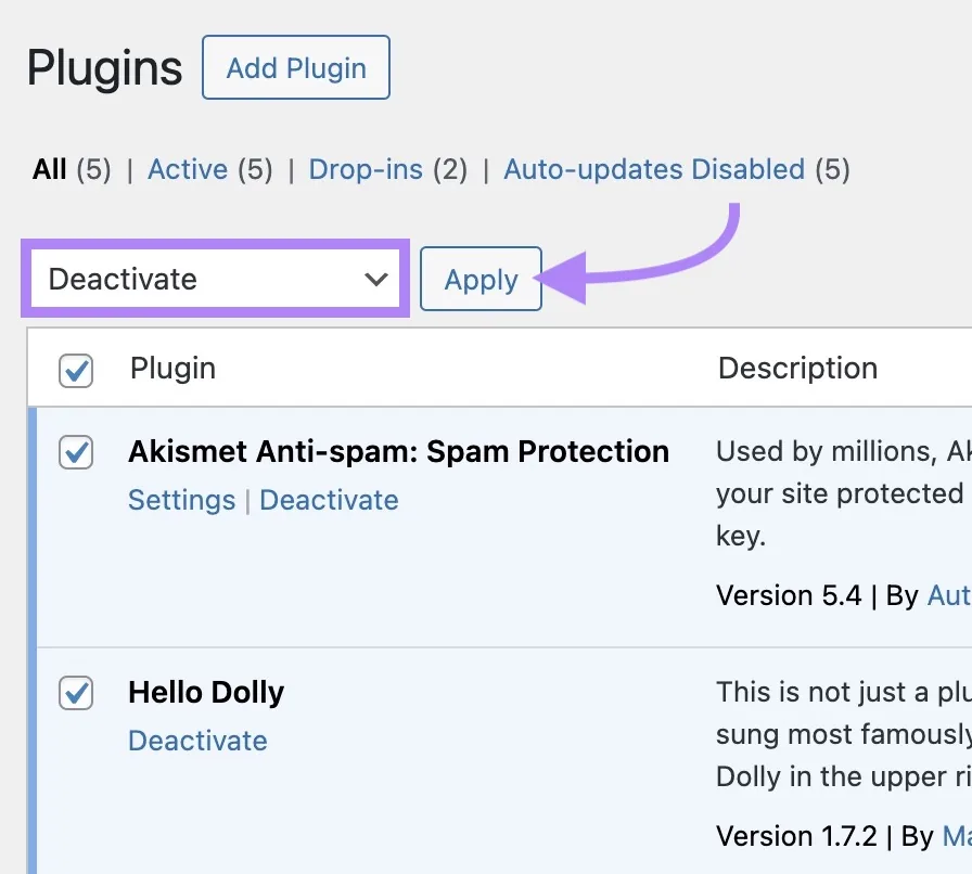 WordPress 上的插件页面，已点击“Bulk Actions”，从下拉列表中选择“Deactivate”，并点击“Apply”。