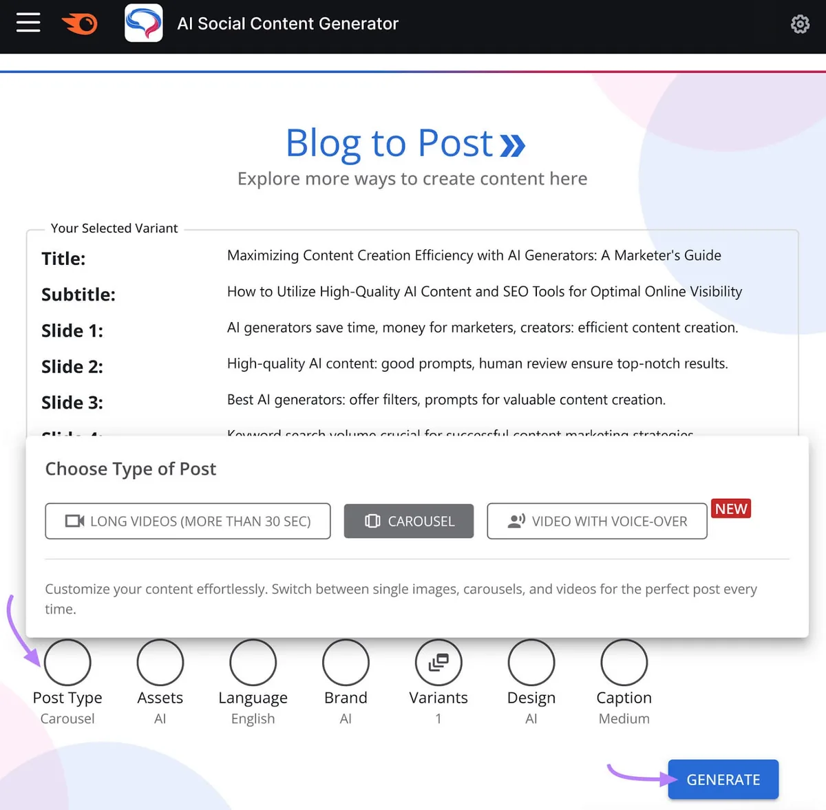 AI Social Content Generator 的用户界面，显示创建博客文章的选项及可选的帖子类型。