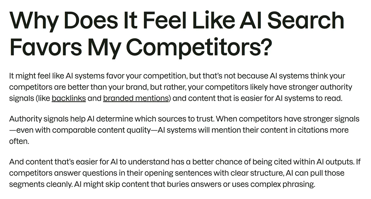 H2 部分解释为何 AI 搜索可能更青睐具有更强权威信号和 AI 友好内容的竞争对手