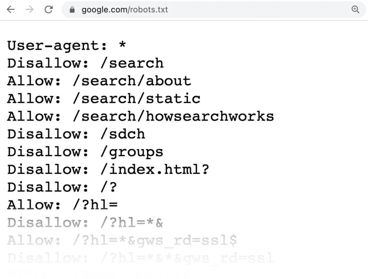 robots.txt 文件示例,显示允许和禁止抓取的页面。