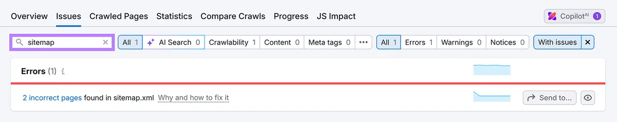 Semrush Site Audit 的 Issues 标签页搜索“sitemap”的结果显示 2 个错误页面的错误。