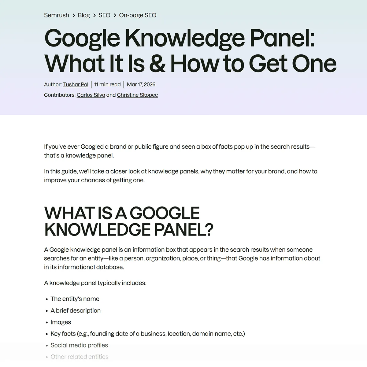 Semrush 关于 Google Knowledge Panels 的博客文章,展示优化后的内容结构、专家署名和以实体为核心的 SEO 内容