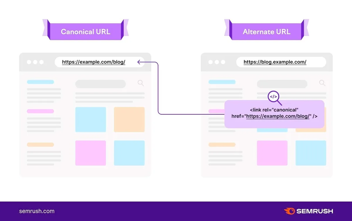 Semrush 信息图,展示规范 URL(canonical URL)的用法。