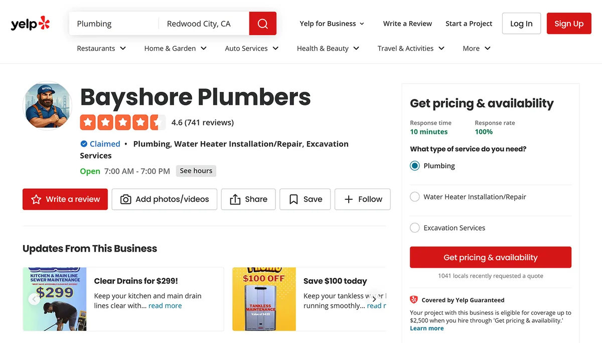 Yelp 页面显示 Bayshore Plumbers 的评分、服务和企业信息