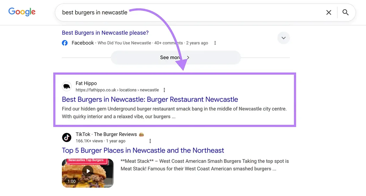Google 搜索结果页面展示一家企业以关键词“best burgers in newcastle”为目标，并使用其某个地区页面。
