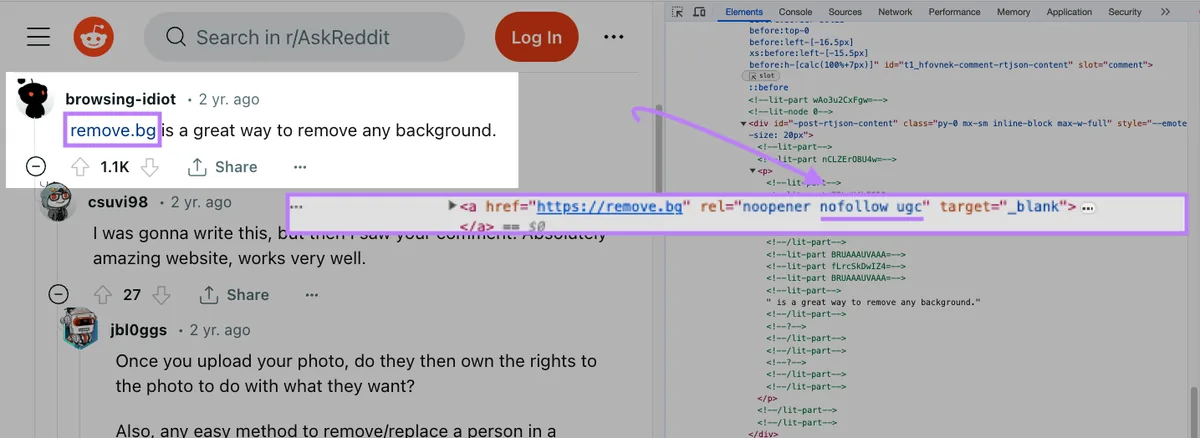 Reddit 上“nofollow ugc”链接示例