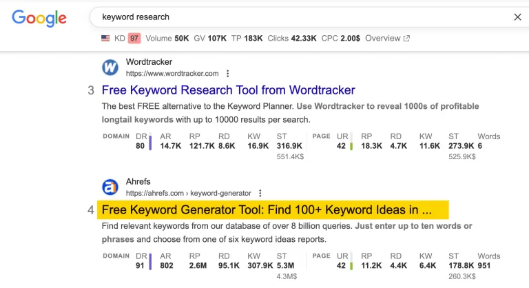 一张 Google 上“keyword research”查询的搜索结果页面截图。它显示来自 Wordtracker 和 Ahrefs 的搜索结果，其中 Ahrefs 的“Free Keyword Generator Tool”结果被黄色高亮。