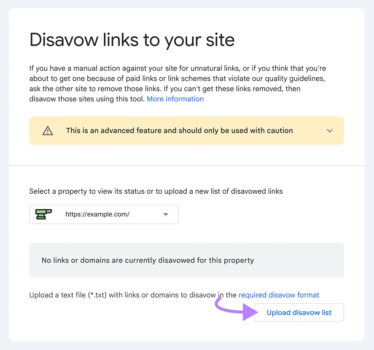 Google Disavow Links 工具,针对示例资源高亮显示 Upload disavow list 按钮