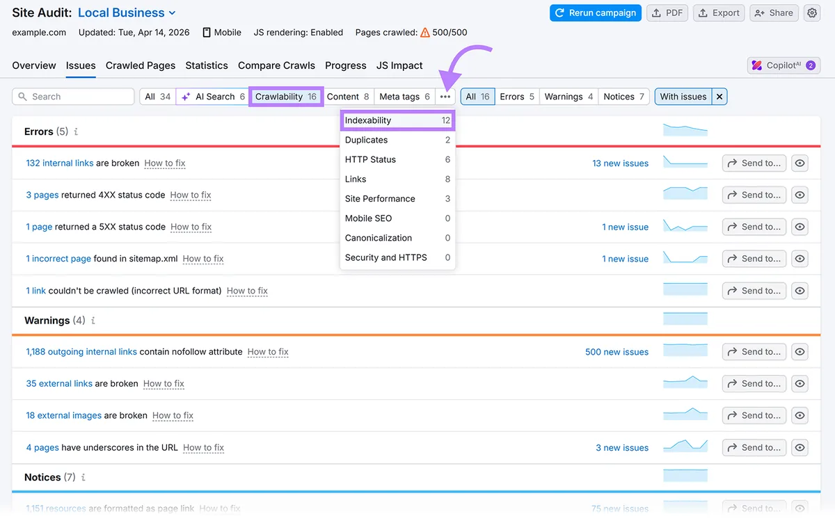 Semrush Site Audit 的 Issues 标签页按 Crawlability 和 Indexability 类别筛选