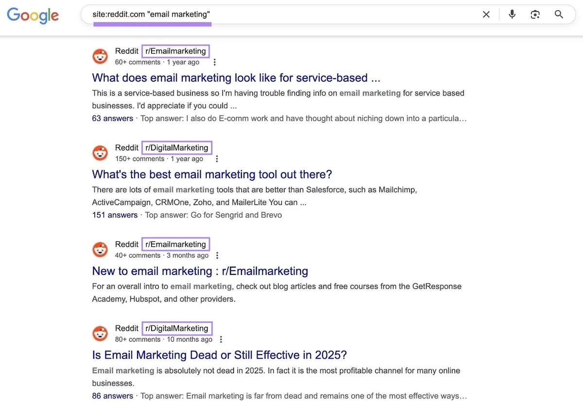 使用 site 搜索运算符和关键词“email marketing”在 Google 上查找相关 Reddit 社区。