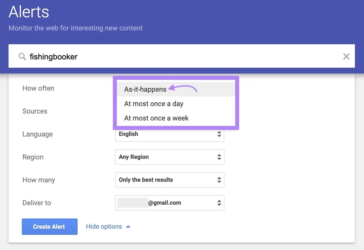 Google Alerts 选项中打开并突出显示的“How often”下拉菜单，点击了“As-it-happens”。