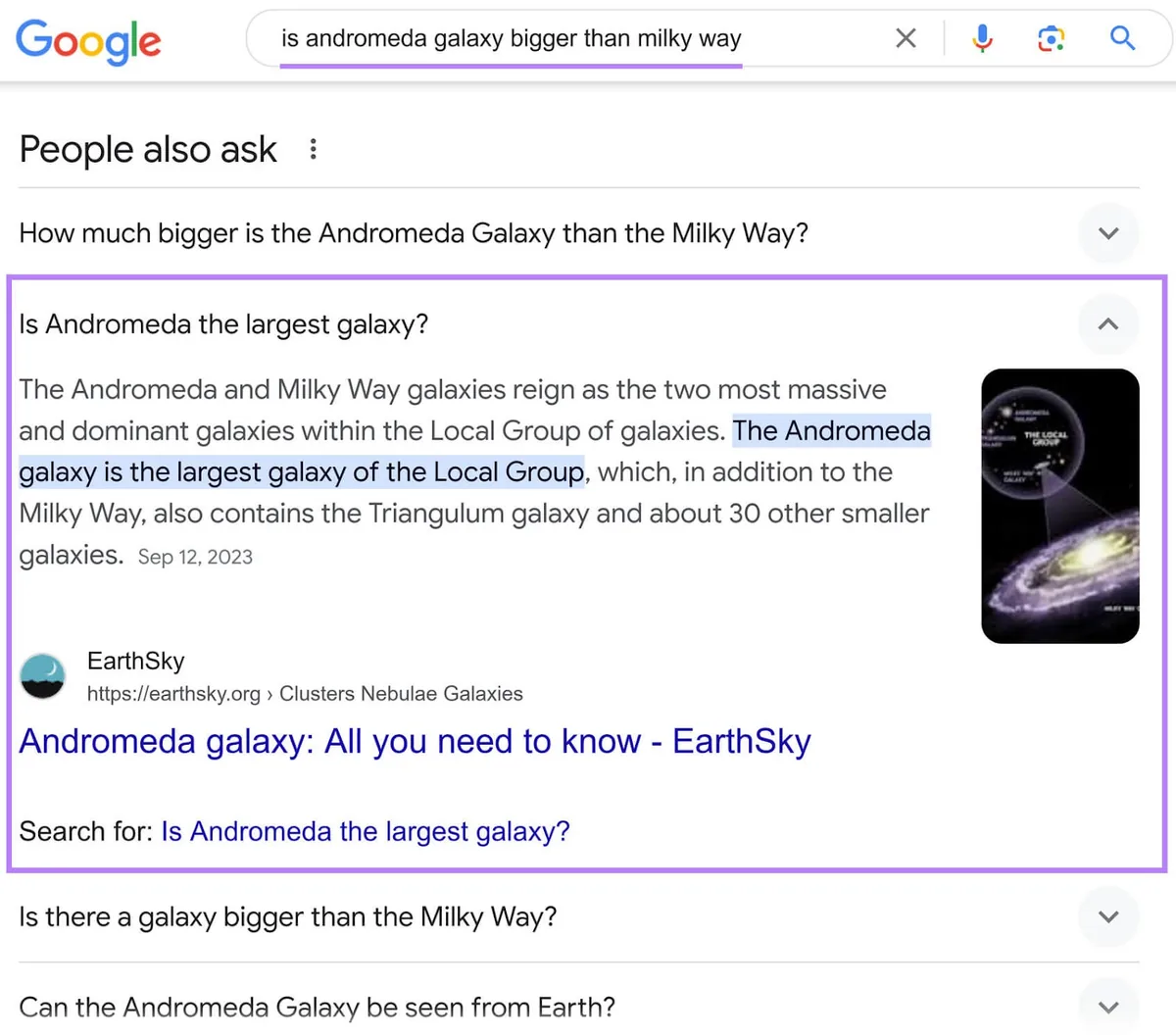 “is andromeda galaxy bigger than milky way”的 Google 搜索结果页面,展示“People also ask”框,其中一个问题已展开。