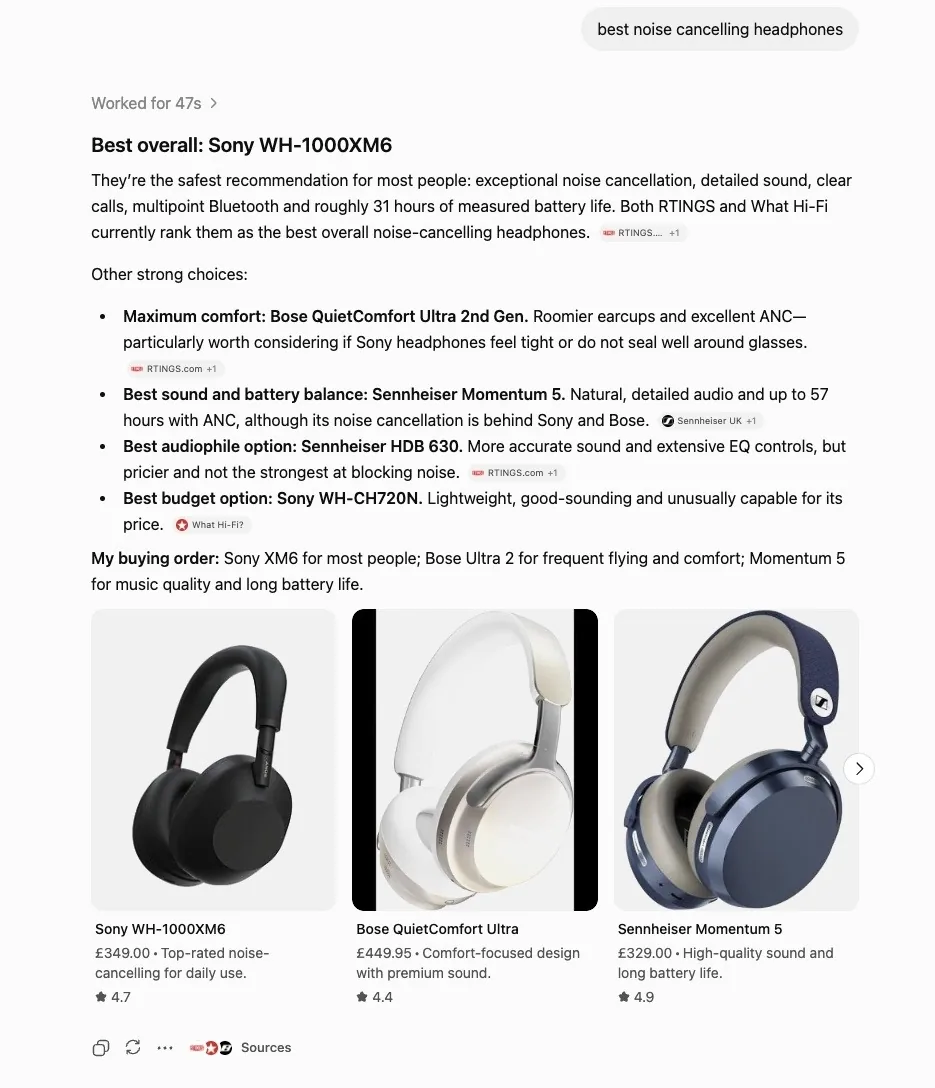 在 ChatGPT 上输入的“best noise cancelling headphones”，显示包含推荐、优缺点等的详细回复。