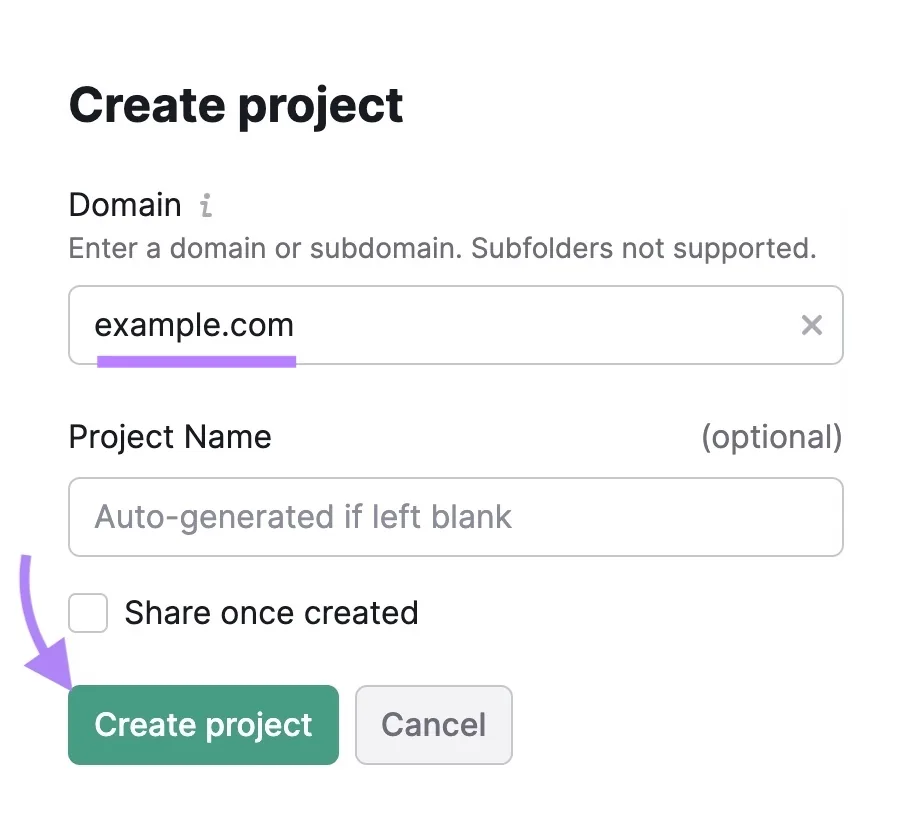 用于输入域名和项目名称的输入框,并已点击“Create project”按钮。