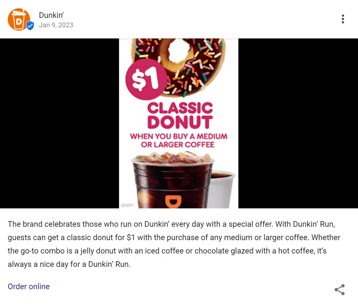Dunkin' Donuts 的 Google Business Profile 帖子,宣布 1 美元甜甜圈特别优惠
