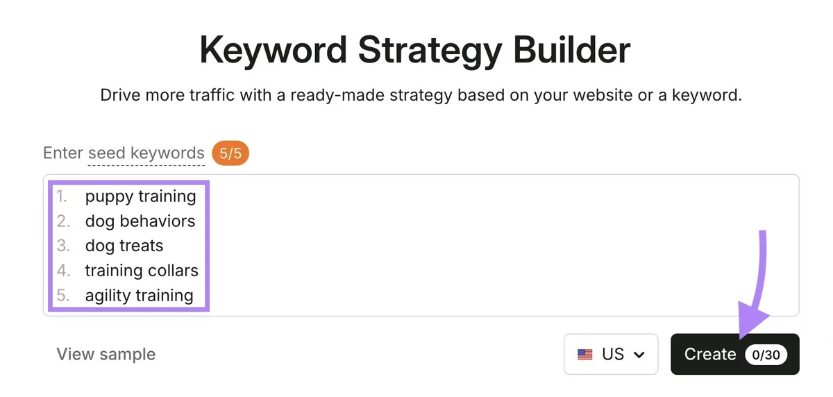 Keyword Strategy Builder,已输入五个种子词并点击“Create”。