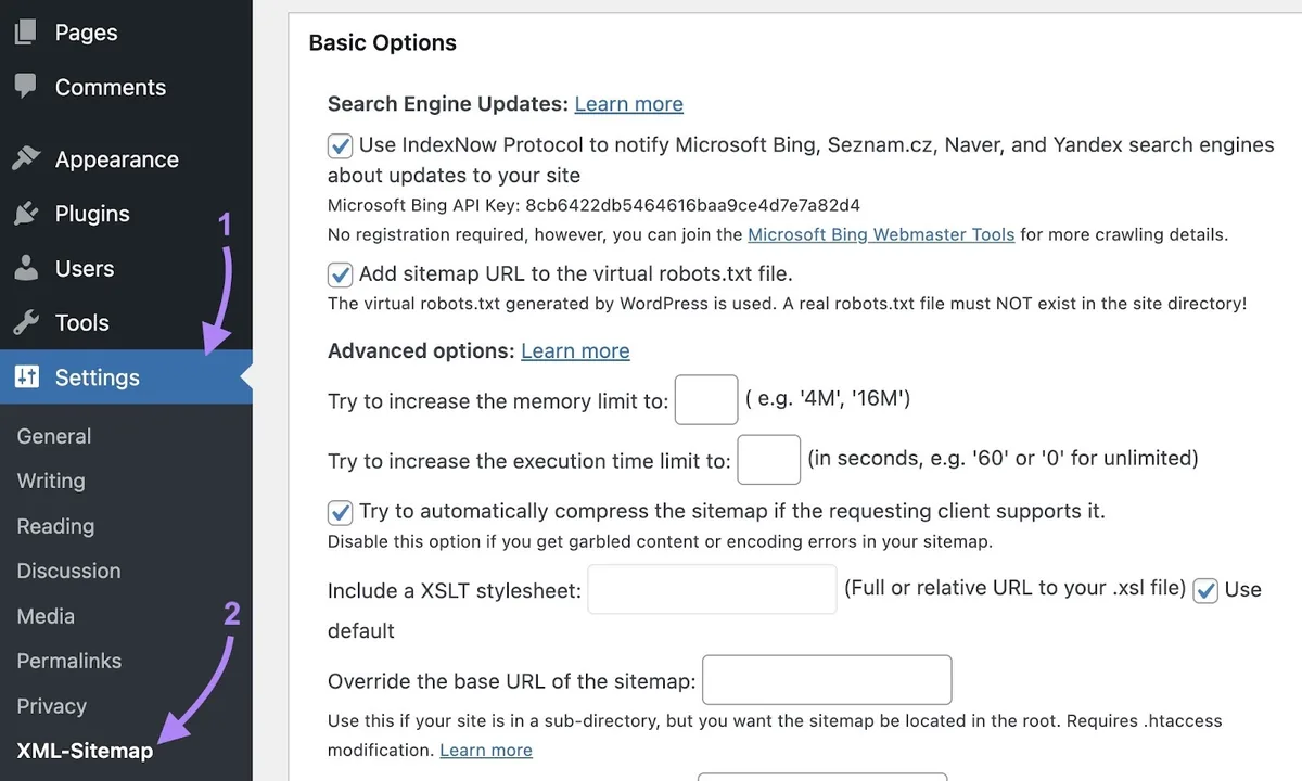 从 WordPress 的“Settings”下拉菜单中选择 XML-Sitemap Generator for Google。