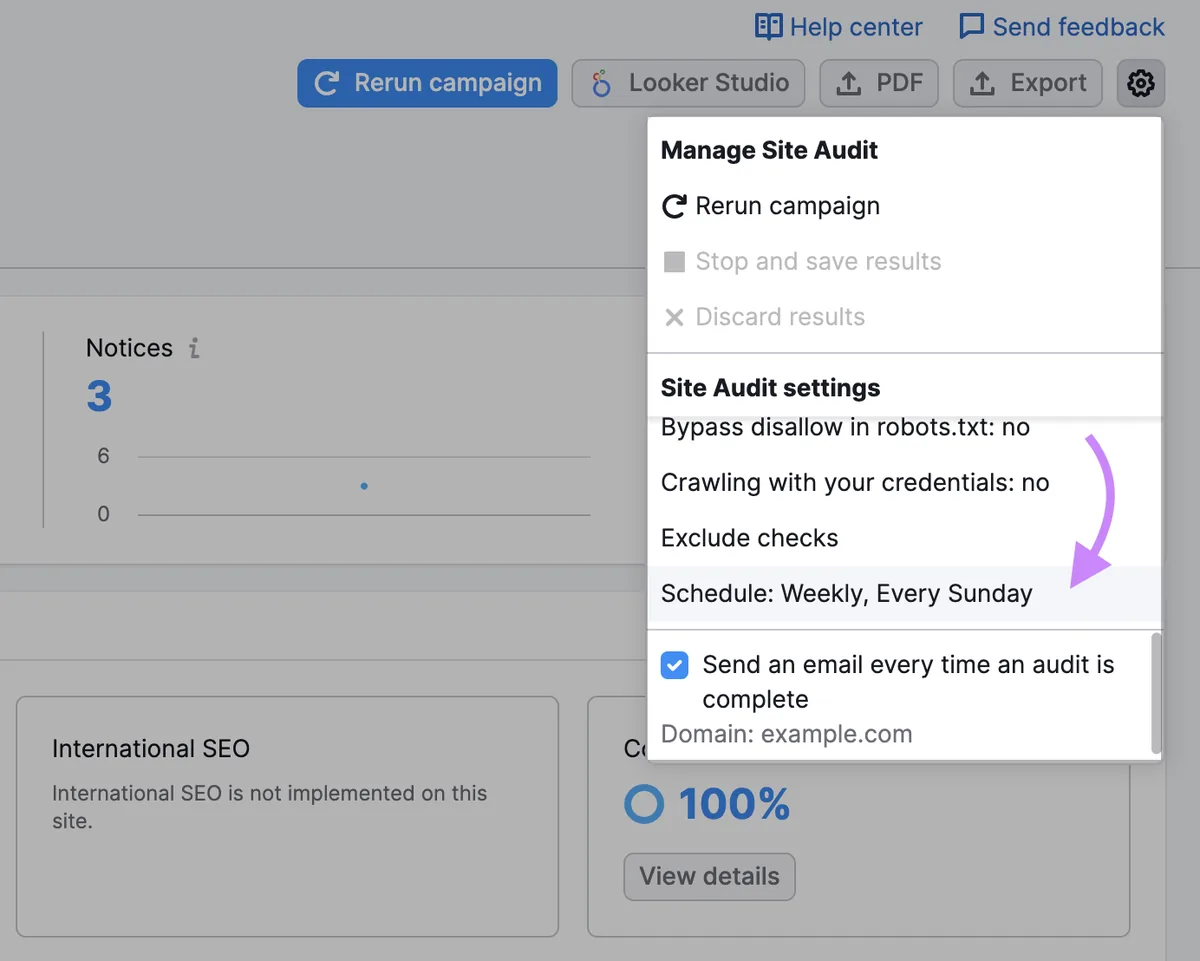 Site Audit 报告页面中的广告系列设置菜单
