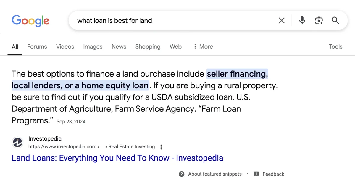为“what loan is best for land”生成的精选摘要