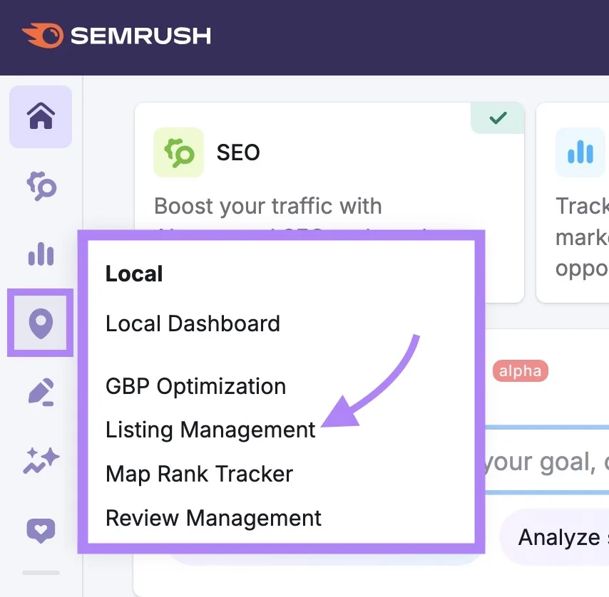 Semrush 左侧导航栏,已点击“Local”工具包中的“Listing Management”。