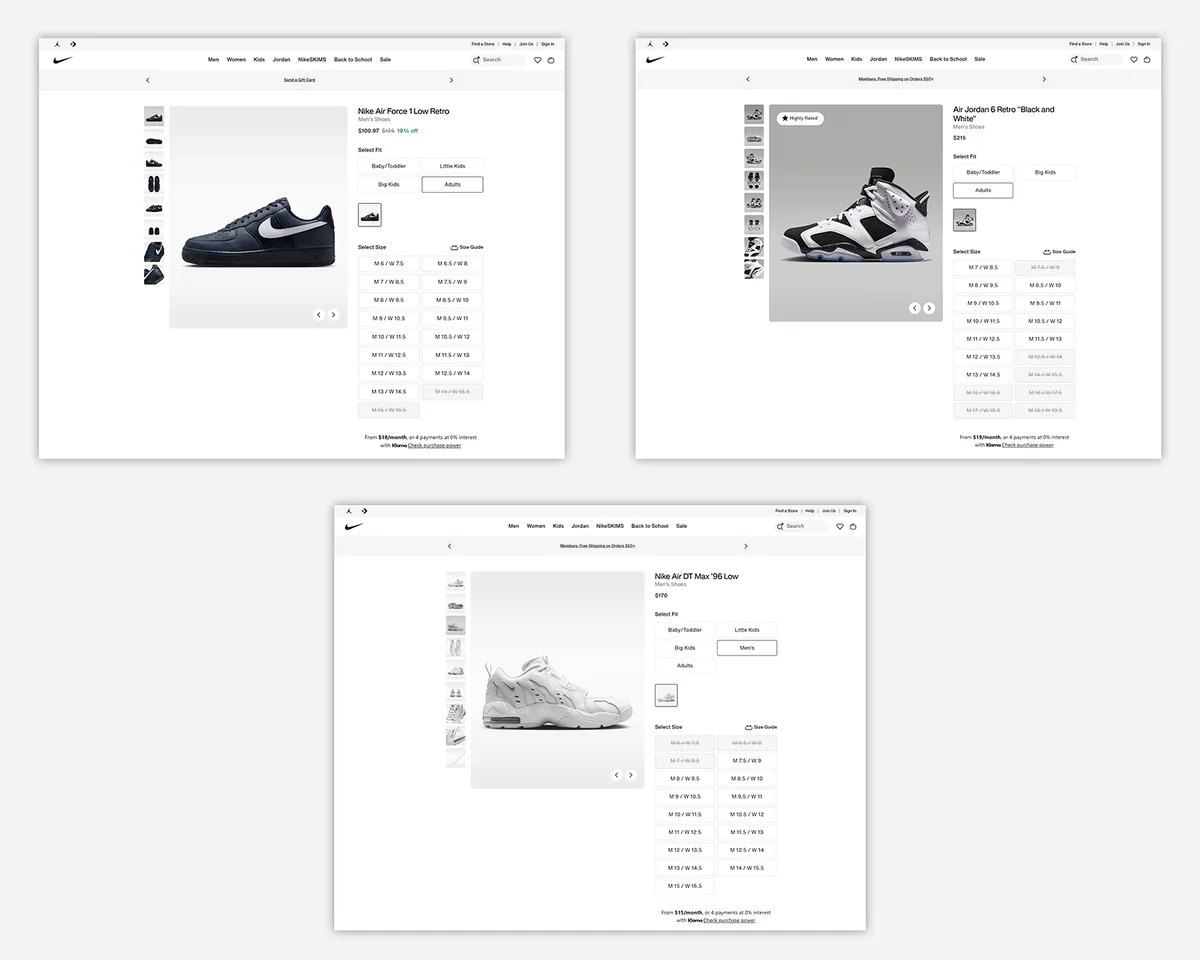 Nike 针对 Air Force 1、Air Jordan 6 和 Air Max '96 Low 鞋款的商品页面模板