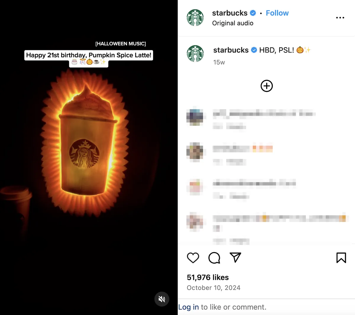 一条 Instagram Reel 文字为“happy 21st birthday, pumpkin spice latte”,配有一个手工雕刻的 PSL 南瓜。