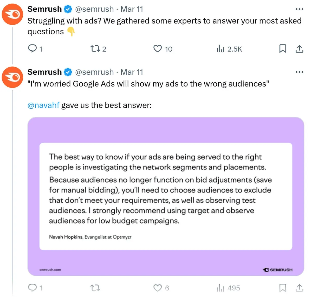 Semrush 的 Twitter 帖子，以紫色框高亮一位贡献者的评论。