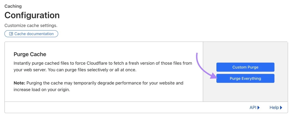 Cloudfare 上的“Configuration”设置，点击了“Purge Everything”。