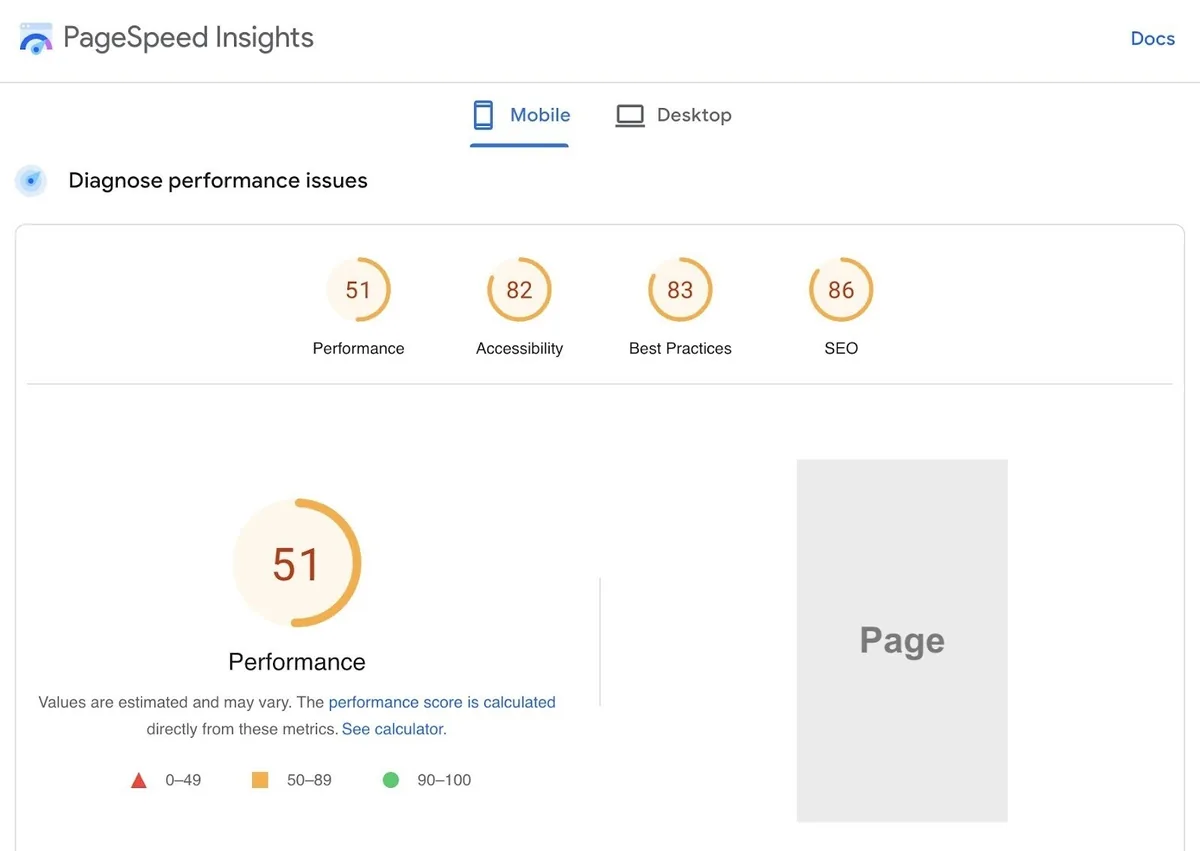 PageSpeed Insights 显示网站的性能、无障碍、最佳实践和 SEO 分数