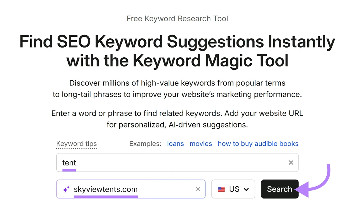 Keyword Magic Tool 着陆页，在点击 Search 前输入了“tent”和“skyviewtents.com”