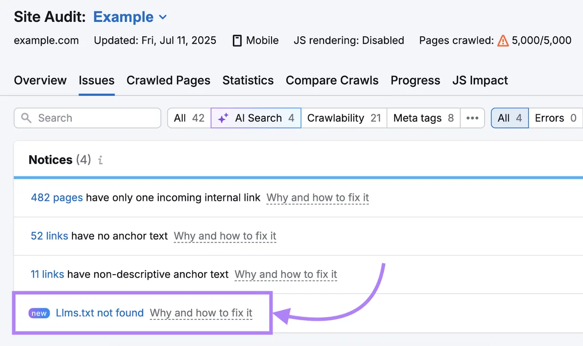 Issues 标签页的 AI Search 筛选器显示某网站未找到 llms.txt 文件。