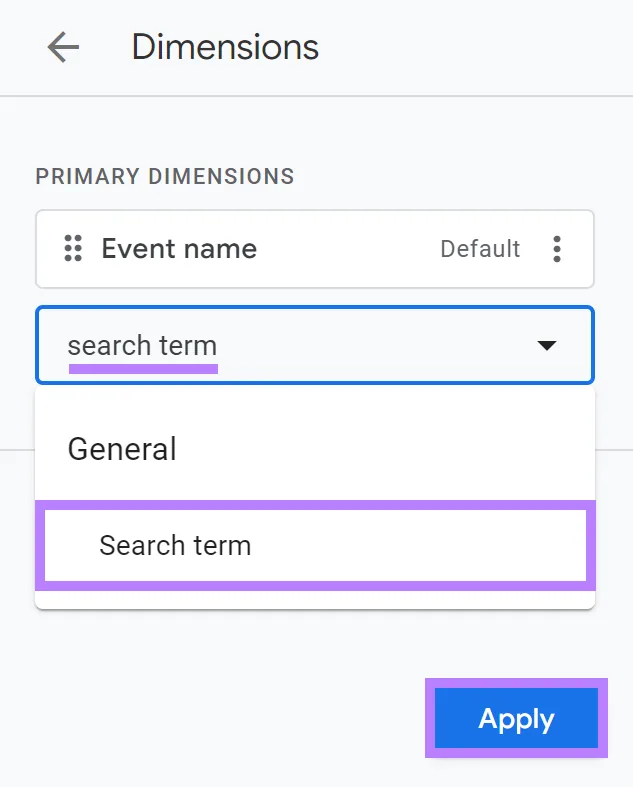 在输入框中输入的“search term”,建议结果中的 Search term 选项被突出显示。
