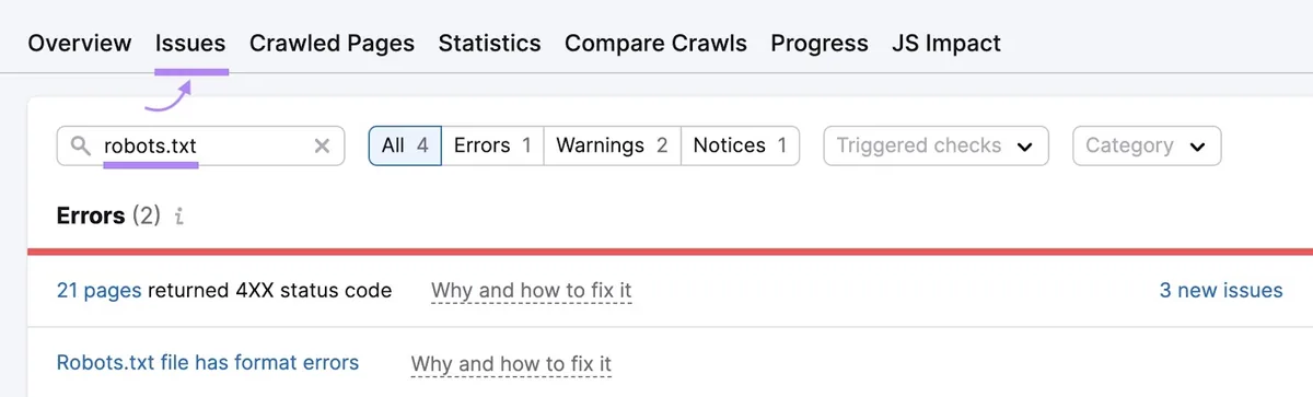 点击了 Site Audit 上的“Issues”标签页，并在搜索栏中输入了“robots.txt”